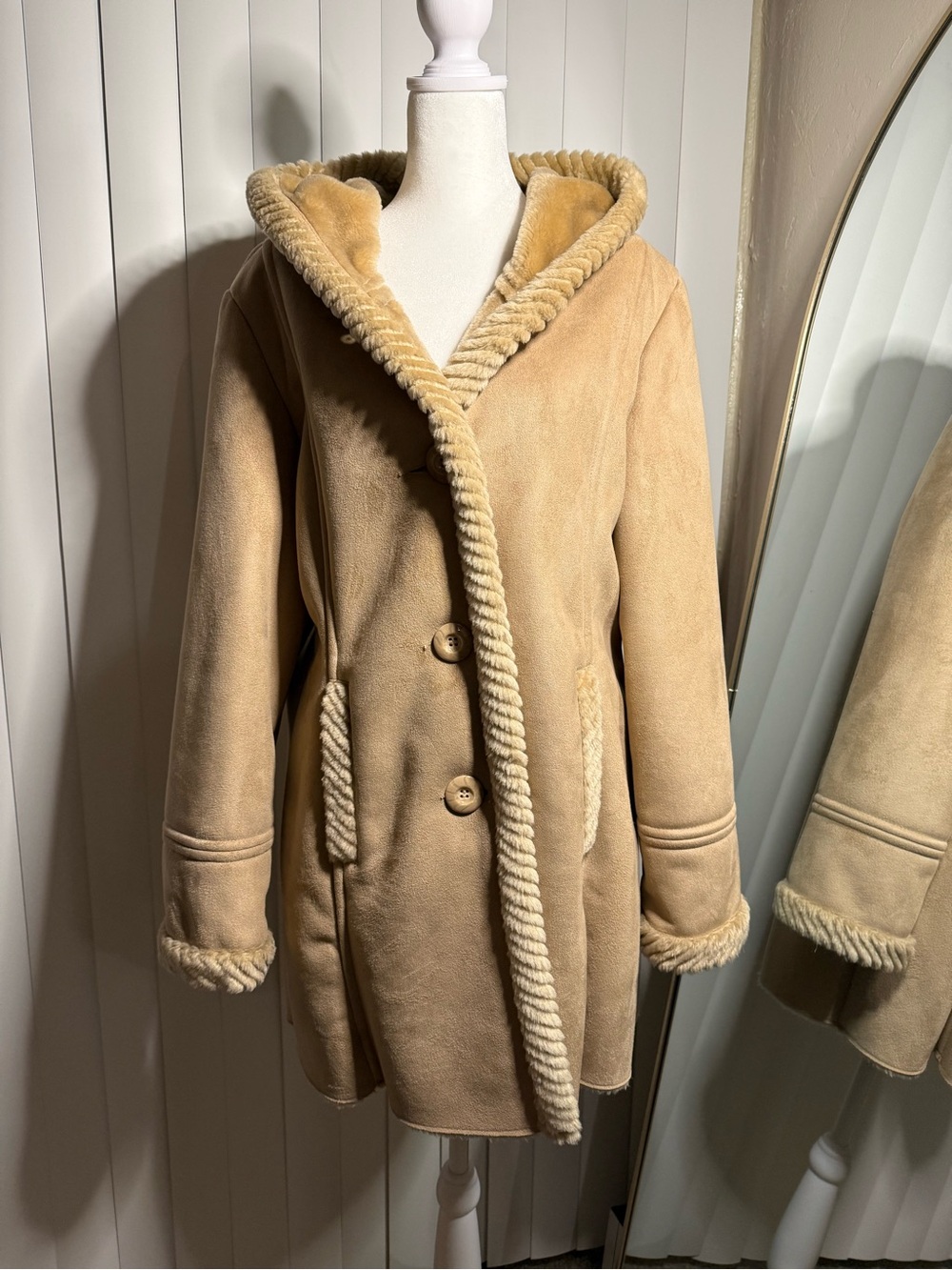 St. John’s Bay- Women’s Hooded Faux-Suede Coat in Camel